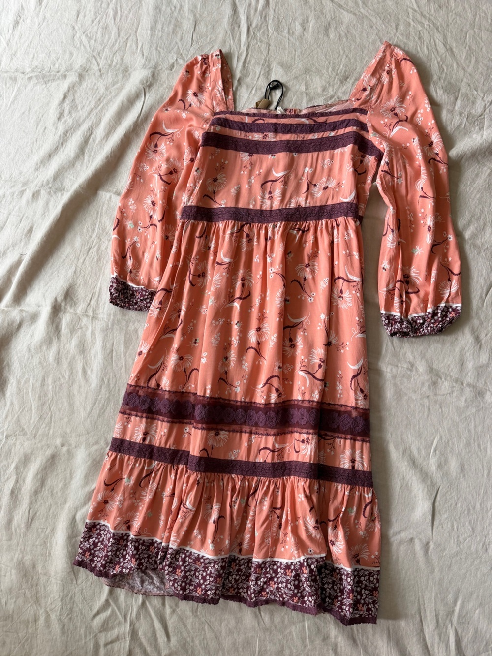 Jaase NWT boho pink Peach Midi Dress with Long Sleeves tiered skirt medium - Picture 13 of 14